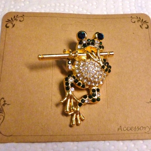 Frog Pin/Pendant Playing Flute Emerald Green Crystal Pave Gold Plate NWT M217 - Picture 4 of 6
